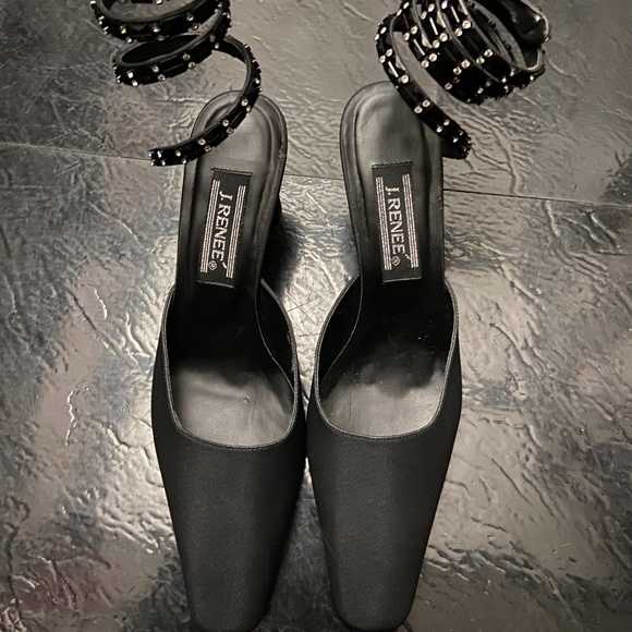 Retro Black Satin Heels with Beaded Leg Design - Picture 2 of 5